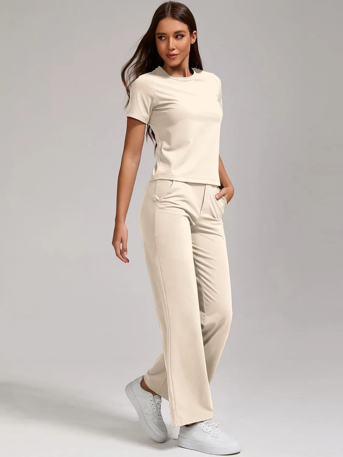 ZFLM Women Casual Loungewaer 2 Piece Outfits Short Sleeved Wide Leg High Waisted Pants with Pockets Tracksuit Sets Streetwear