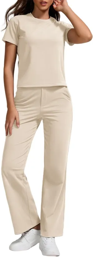 ZFLM Women Casual Loungewaer 2 Piece Outfits Short Sleeved Wide Leg High Waisted Pants with Pockets Tracksuit Sets Streetwear
