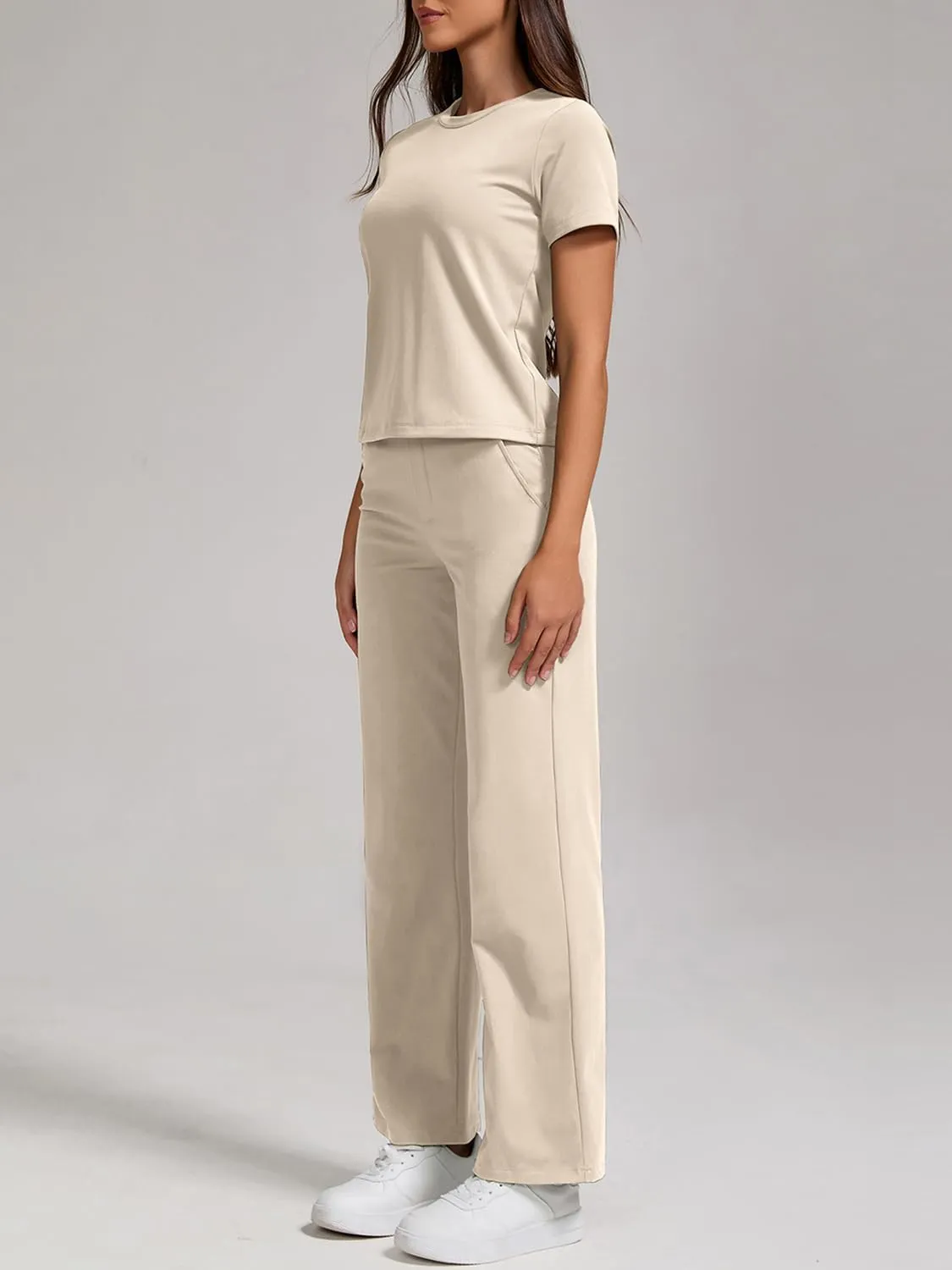 ZFLM Women Casual Loungewaer 2 Piece Outfits Short Sleeved Wide Leg High Waisted Pants with Pockets Tracksuit Sets Streetwear