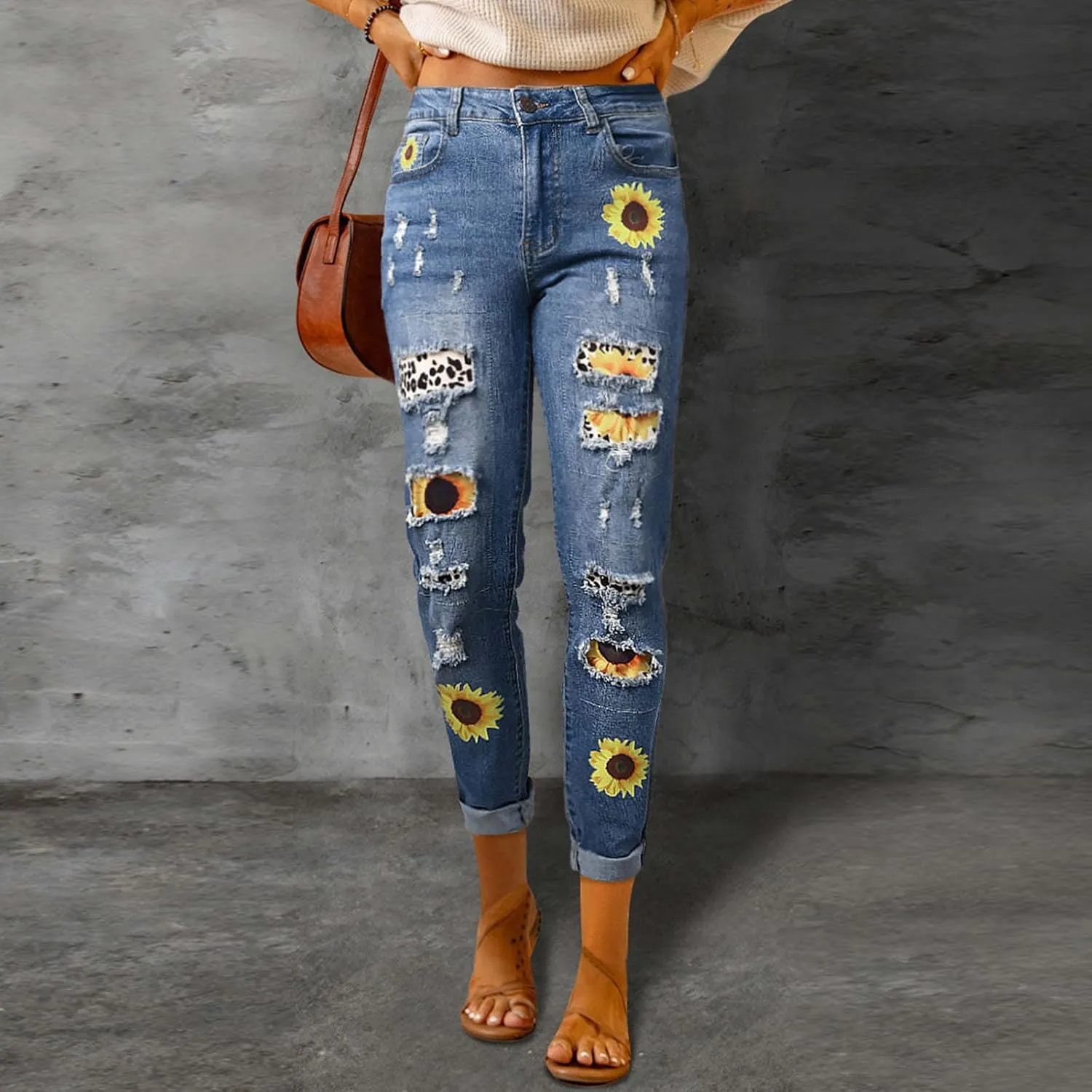 ZOCAVIA Women's Floral Ripped Skinny Jeans Straight Leg Jeans Mid Waisted Denim Jeans Stretch Slim Ankle Washed Denim Pants