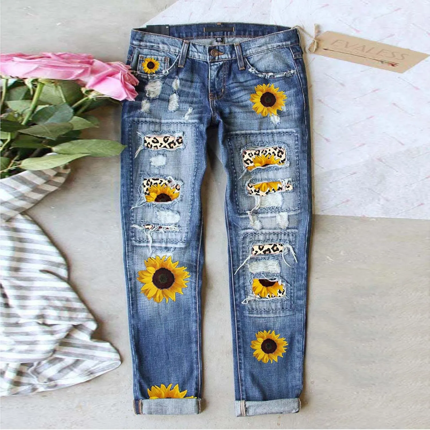 ZOCAVIA Women's Floral Ripped Skinny Jeans Straight Leg Jeans Mid Waisted Denim Jeans Stretch Slim Ankle Washed Denim Pants