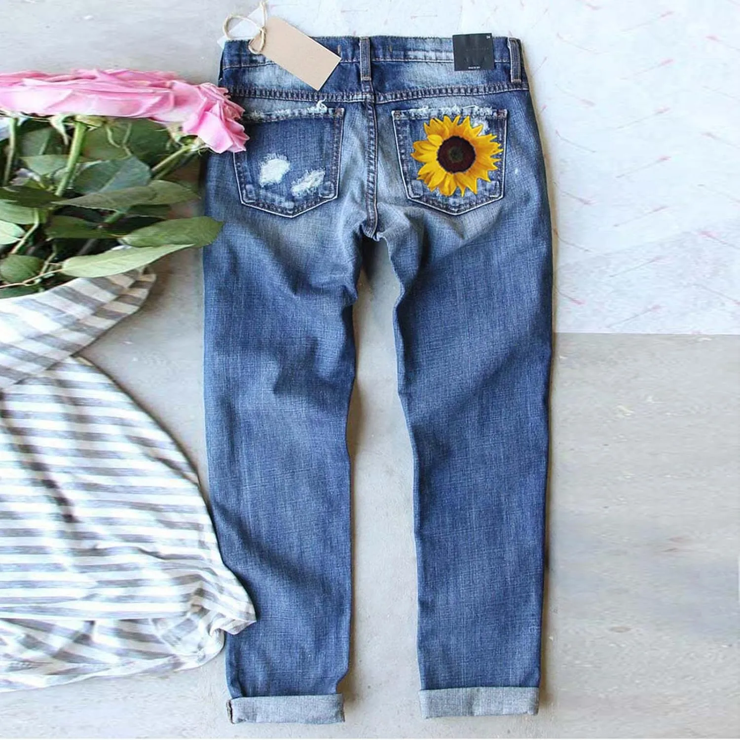 ZOCAVIA Women's Floral Ripped Skinny Jeans Straight Leg Jeans Mid Waisted Denim Jeans Stretch Slim Ankle Washed Denim Pants