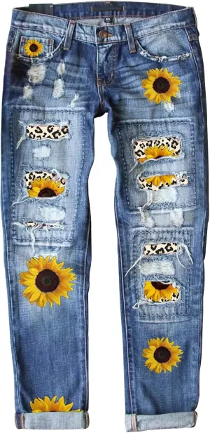 ZOCAVIA Women's Floral Ripped Skinny Jeans Straight Leg Jeans Mid Waisted Denim Jeans Stretch Slim Ankle Washed Denim Pants